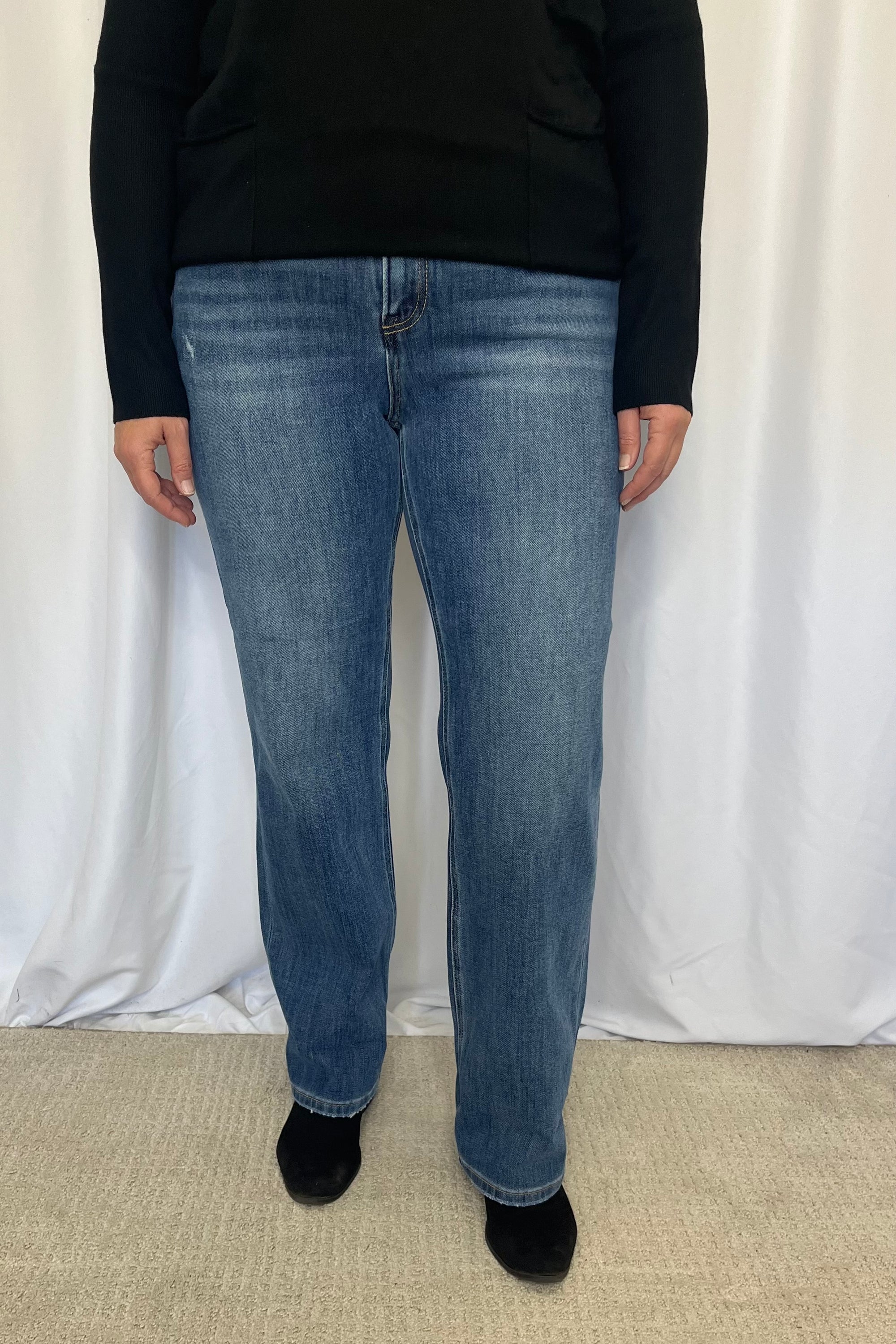 Risen "Saxon" 4 Way Stretch, Slouchy Straight Jeans - Mid Dark Wash