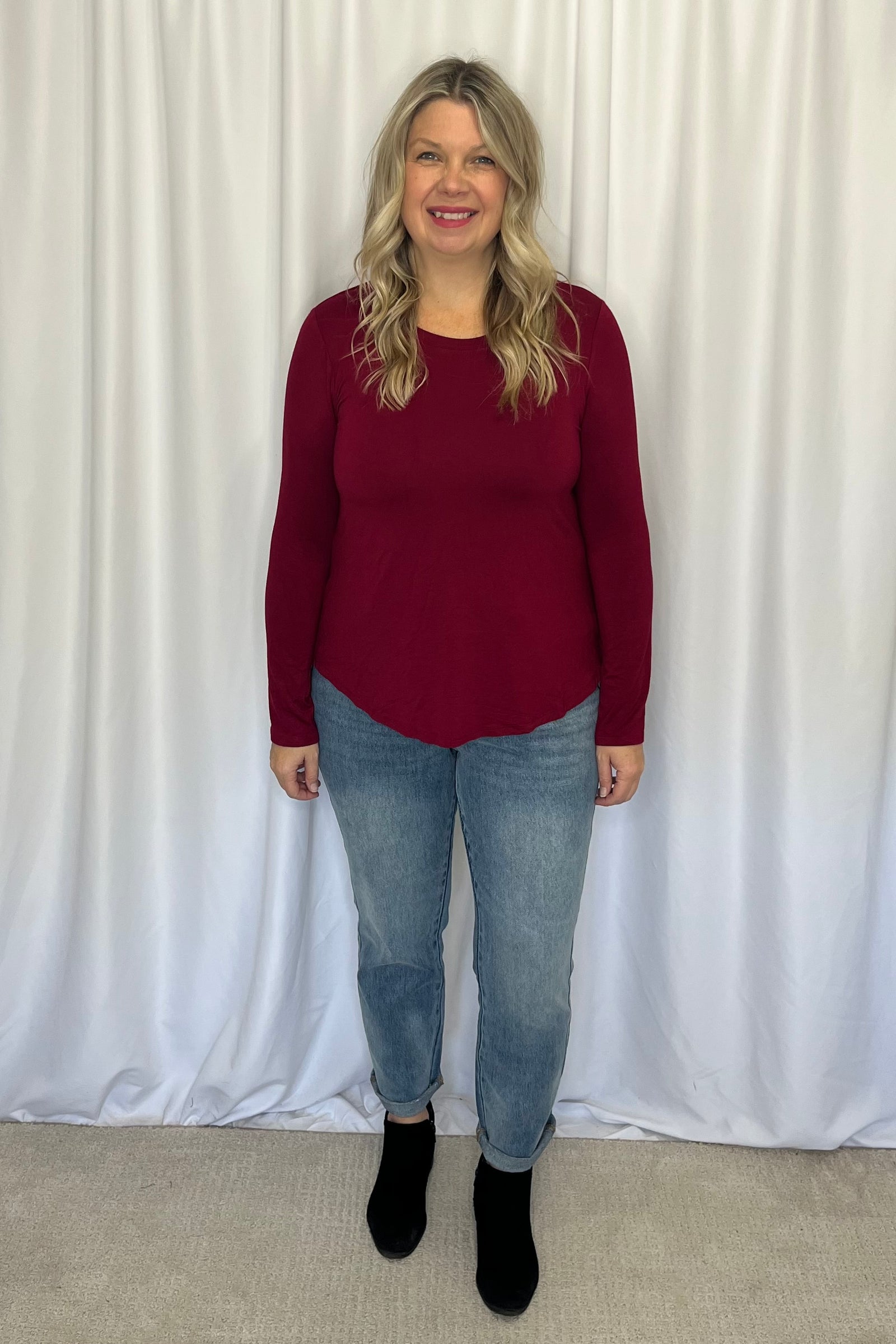 Abby Round Hem Long Sleeve Top - Cabernet