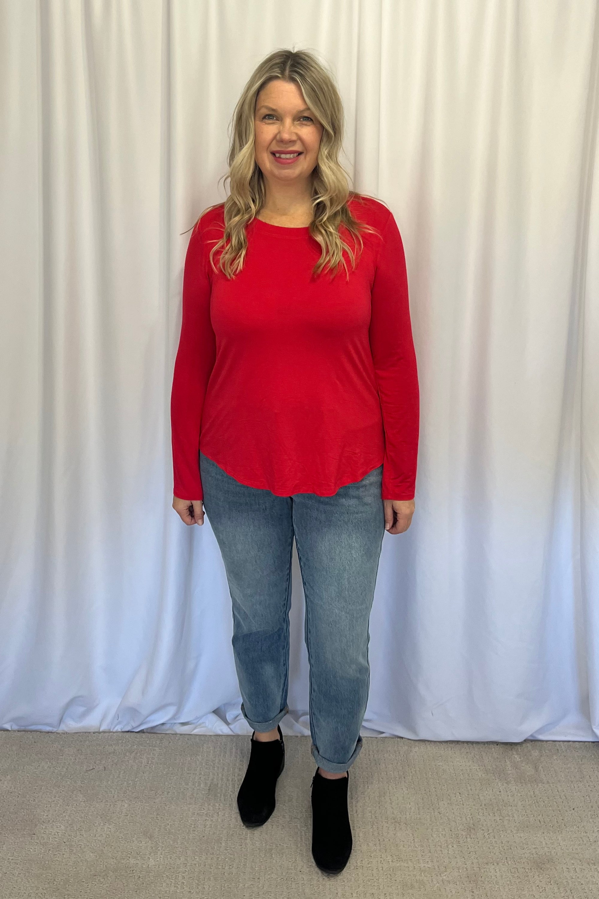 Abby Round Hem Long Sleeve Top - Ruby