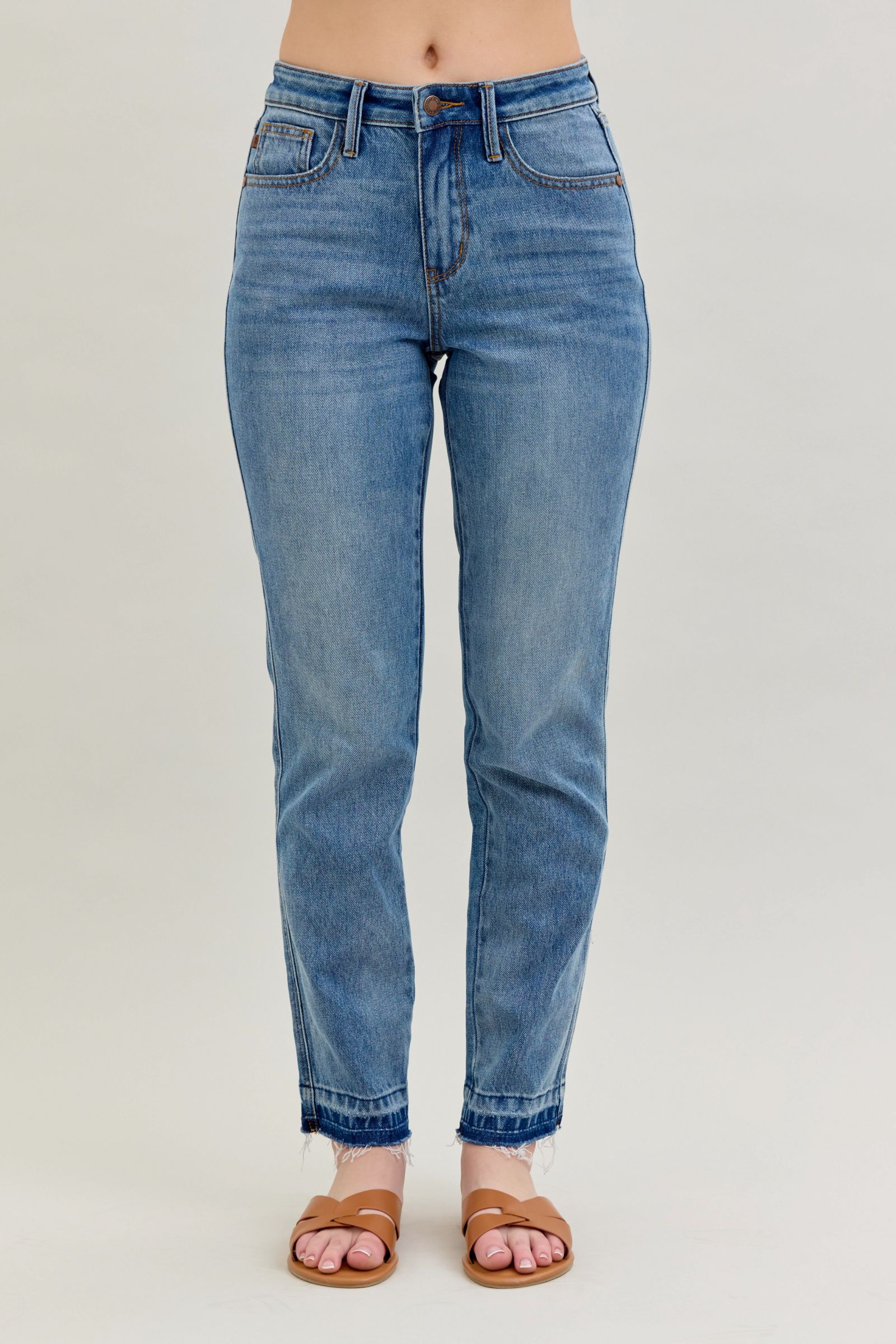 Judy Blue Mid Rise Magic Release Hem Boyfriend Denim  - Mid Wash