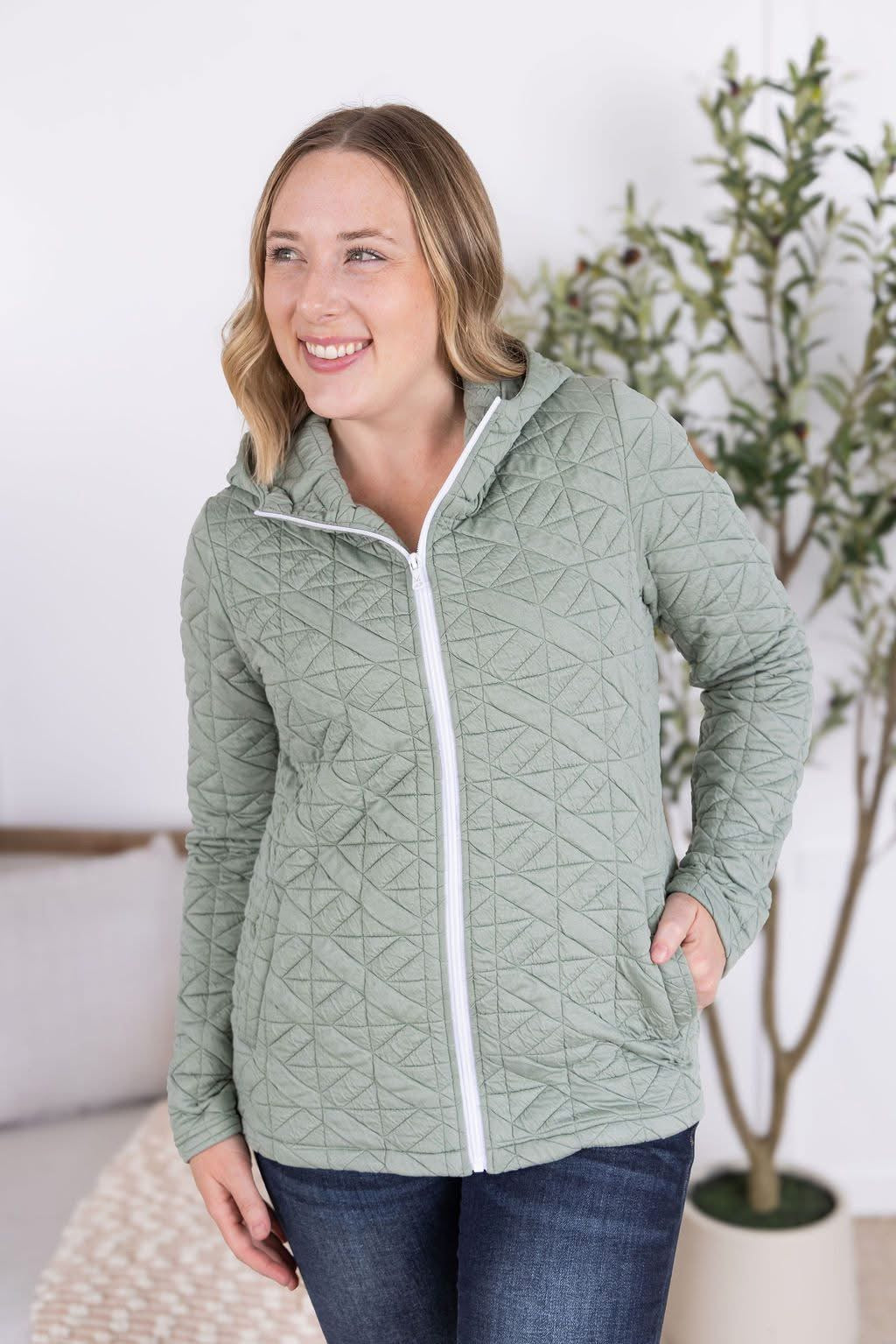 Michelle Mae Geometric Full Zip - Sage