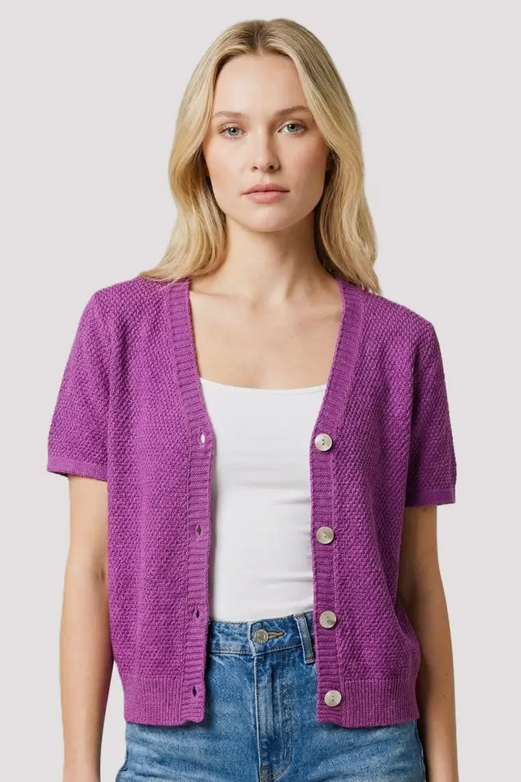 Audra Button Down Waffle Sweater Cardigan - Orchid Purple