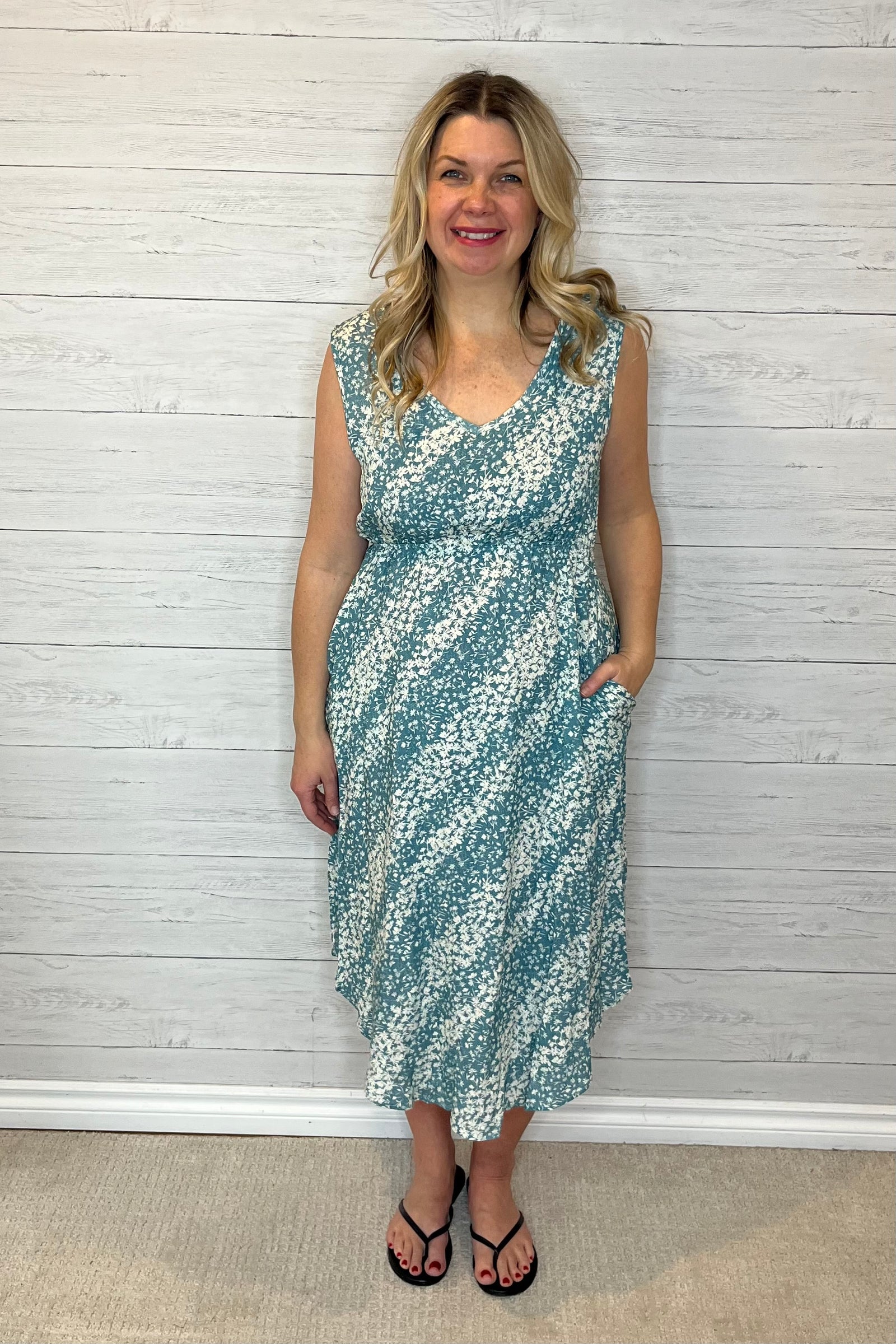 Bloom Floral Midi Dress with Pockets - Dusty Teal