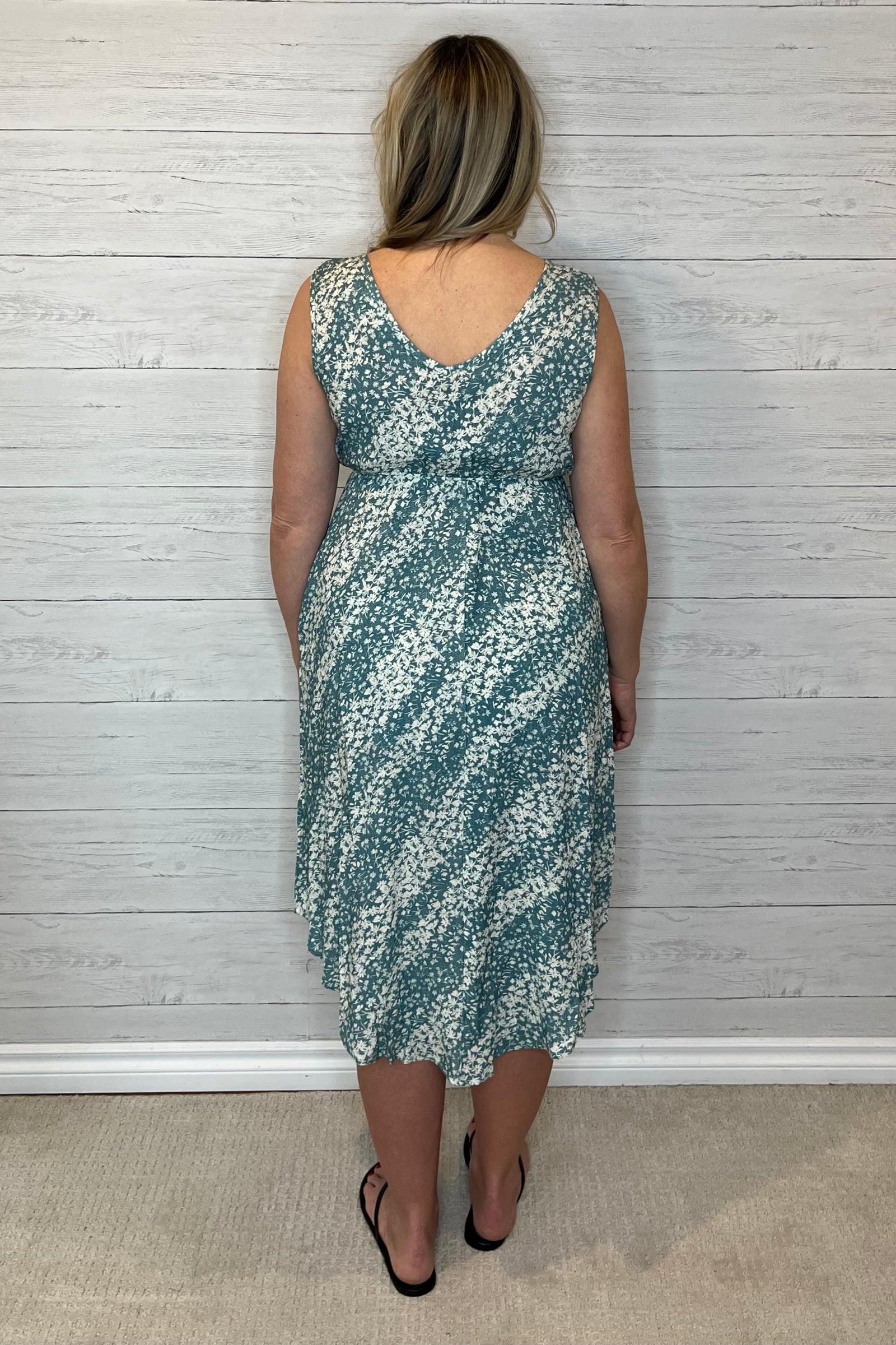 Bloom Floral Midi Dress with Pockets - Dusty Teal