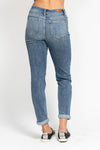 Judy Blue &quot;Lennon&quot; High Rise Bleach Splash Boyfriend Denim - Dark Mid Wash