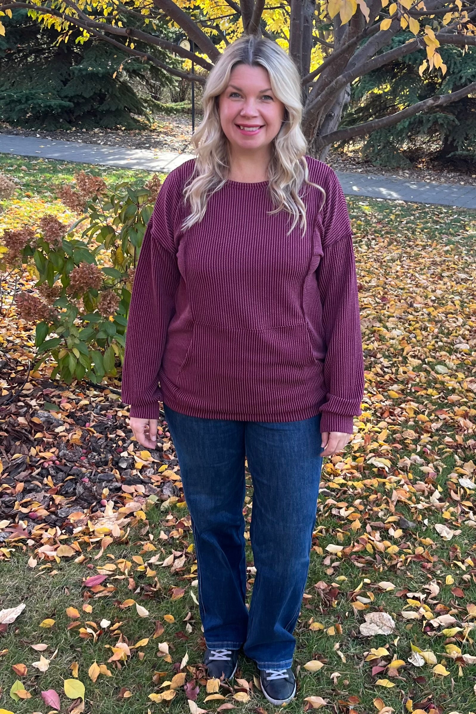 Natalie Ribbed Pullover with Kangaroo Pocket - Wine