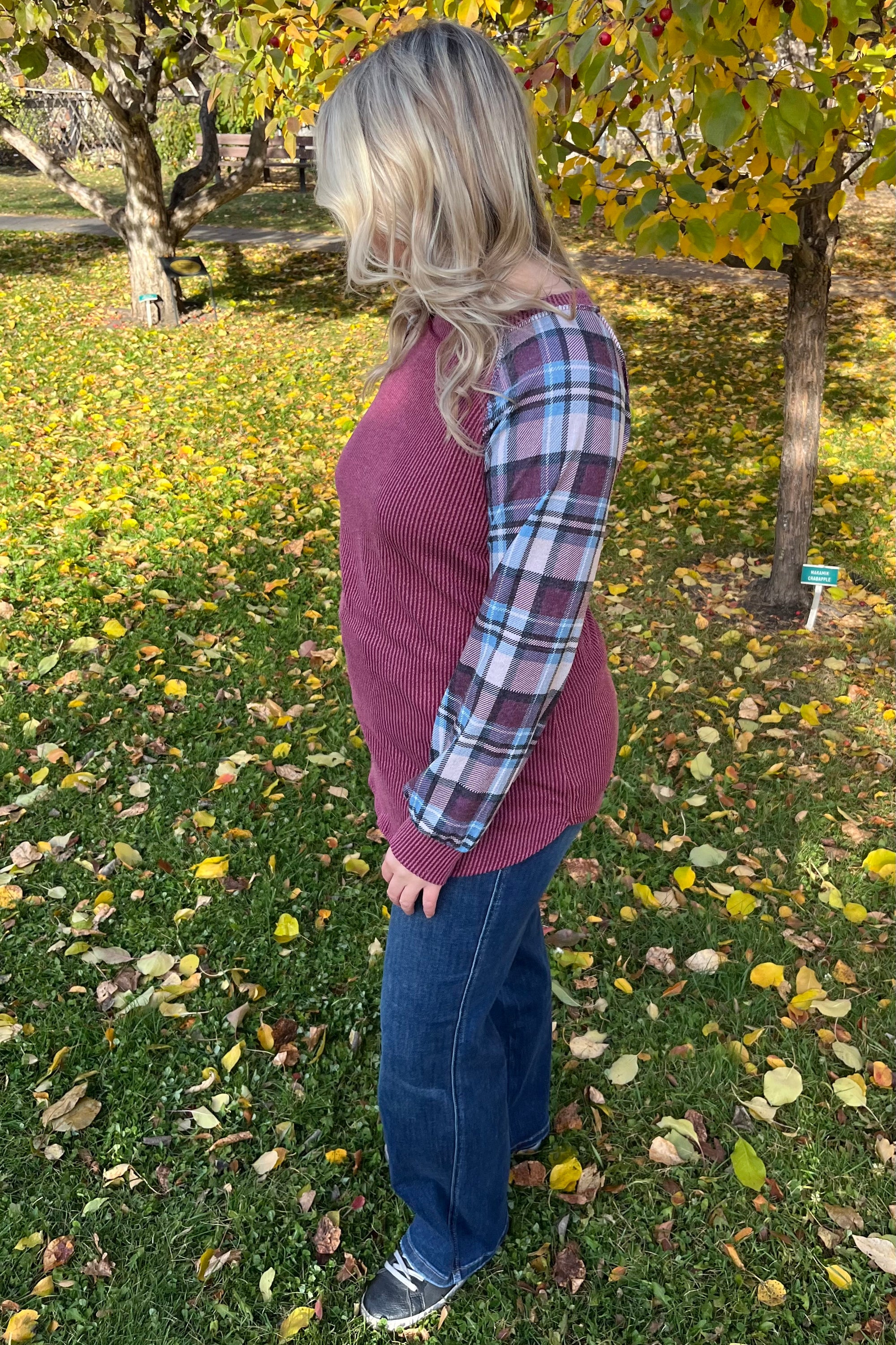 Lexi Plaid Sleeve Top - Wine