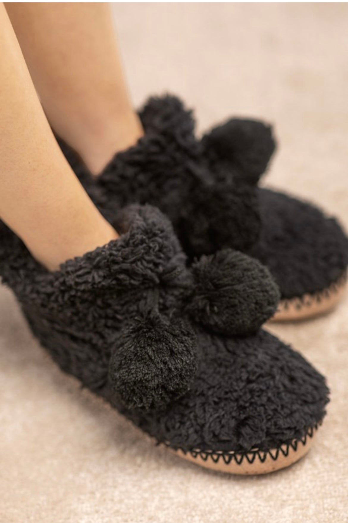 Cozy Bootie Slippers with Pom Accent - Black