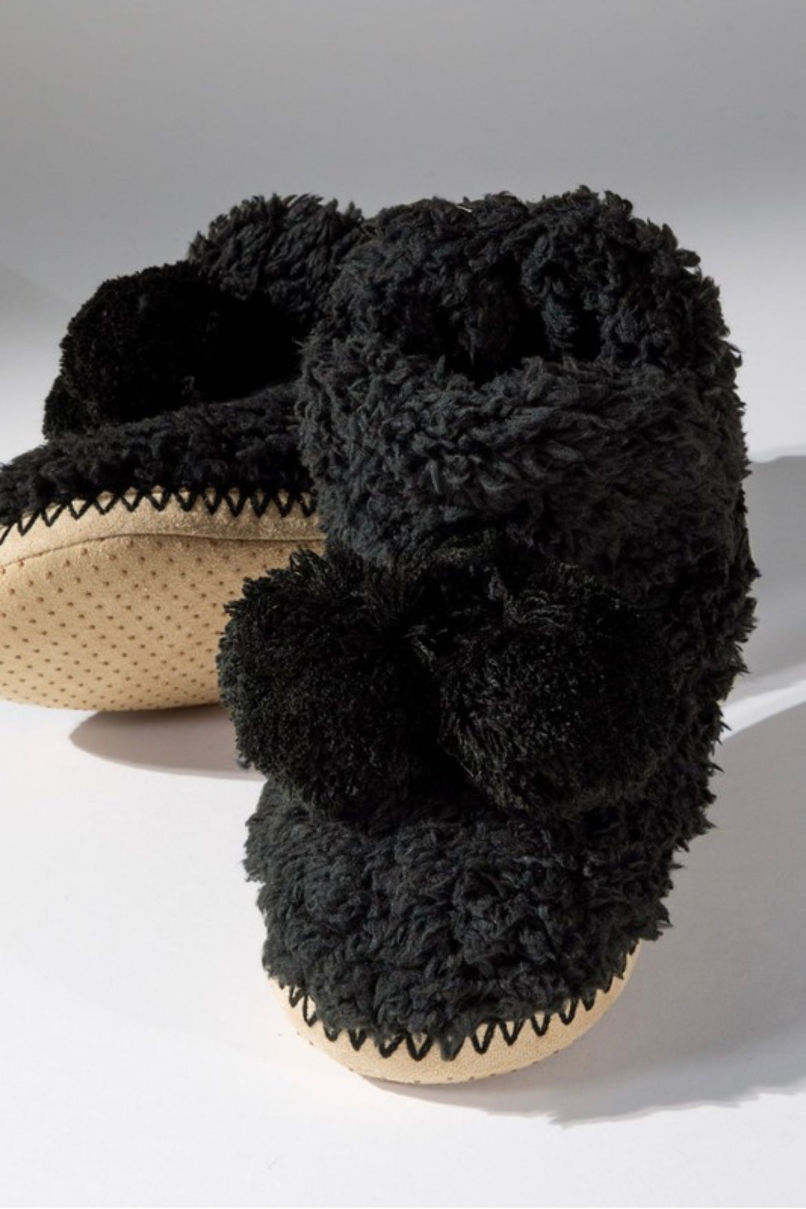 Cozy Bootie Slippers with Pom Accent - Black