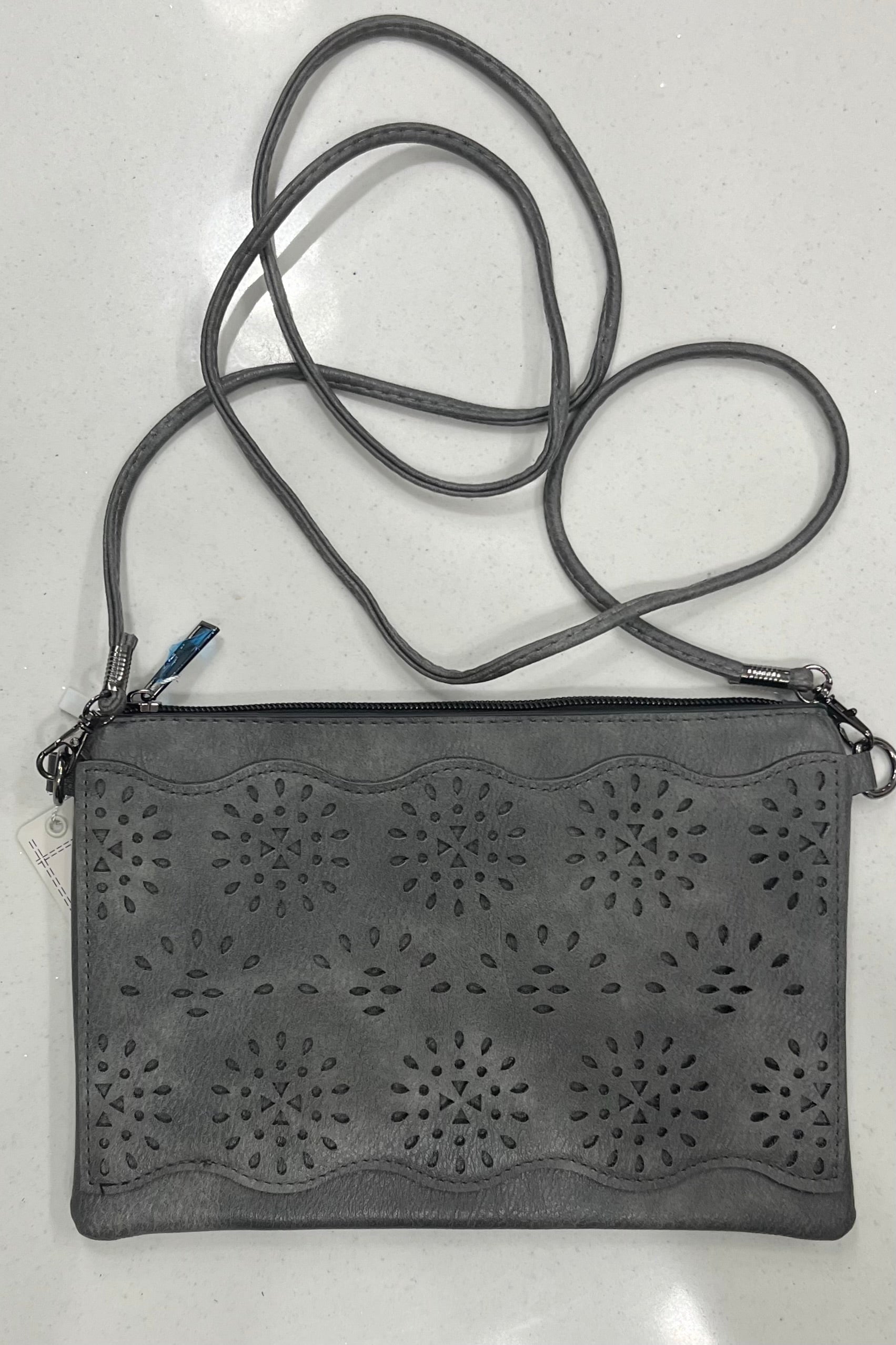 Vegan Leather Laser Cut Crossbody Bag - Charcoal