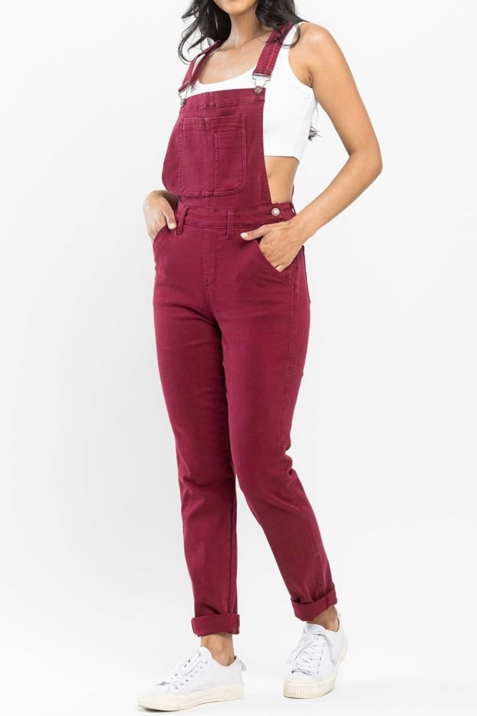 Judy Blue "Darby" Boyfriend, Double Cuff Overalls - Maroon