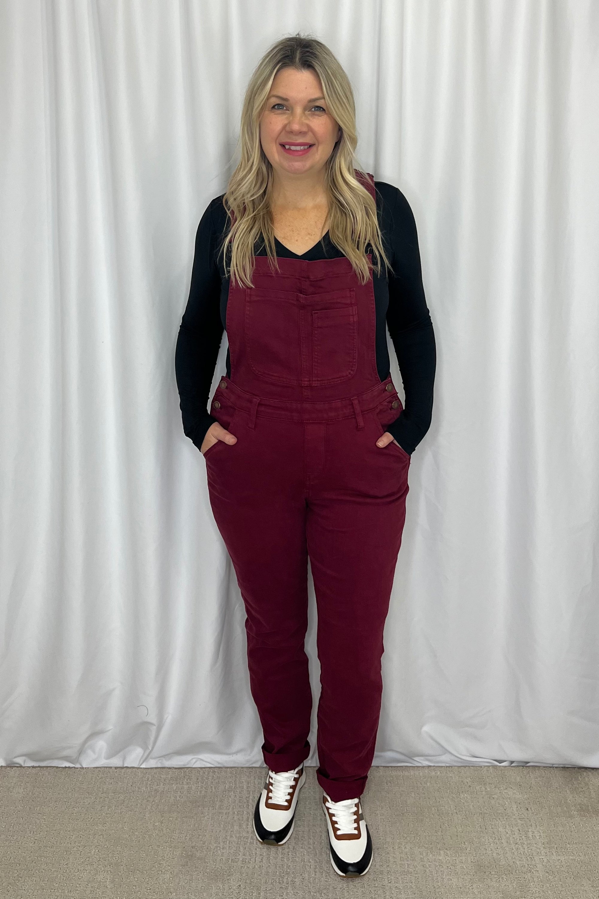 Judy Blue "Darby" Boyfriend, Double Cuff Overalls - Maroon