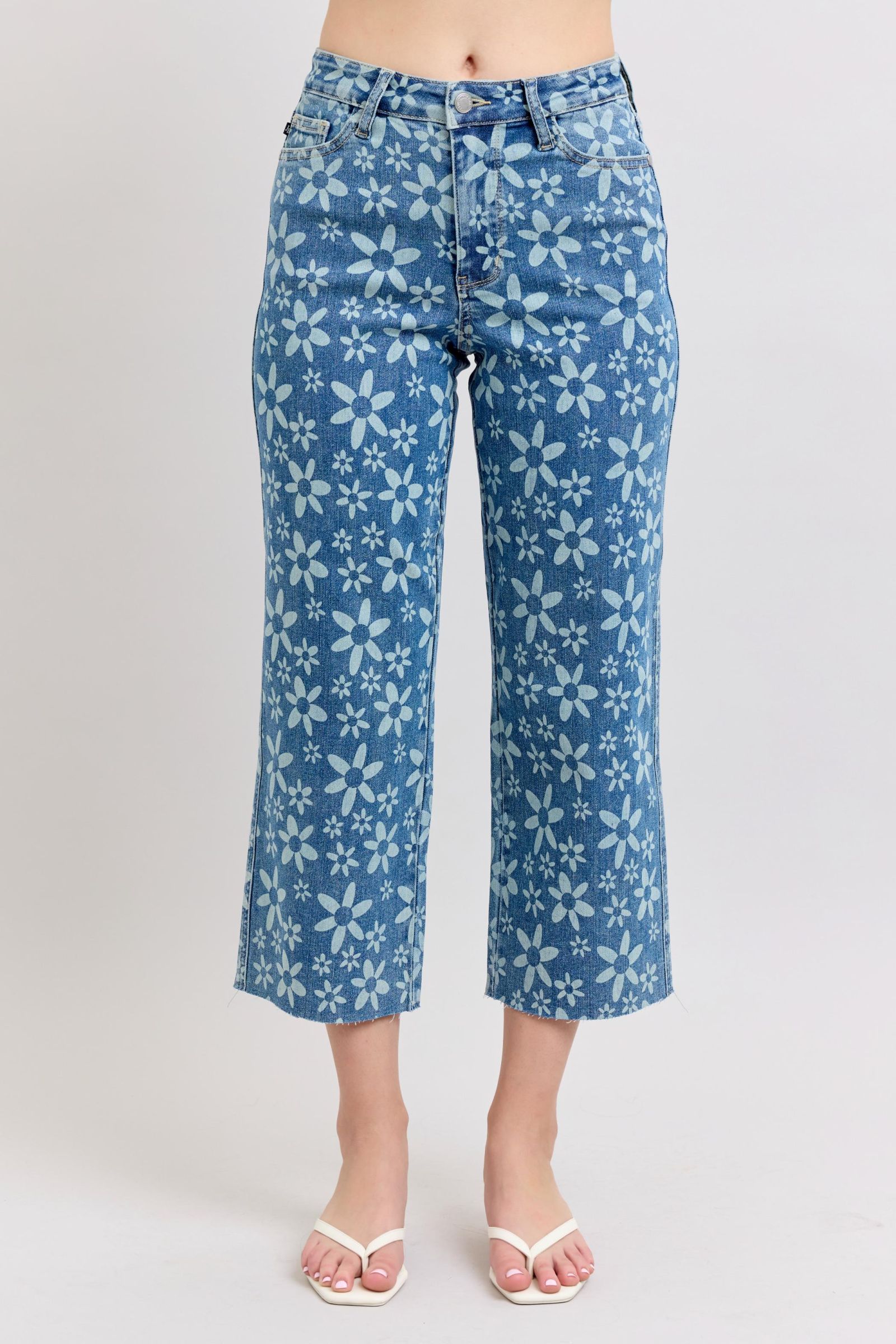 Judy Blue &quot;Aster&quot; Flower Print High Rise Crop Wide Leg - Mid Wash