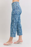 Judy Blue &quot;Aster&quot; Flower Print High Rise Crop Wide Leg - Mid Wash