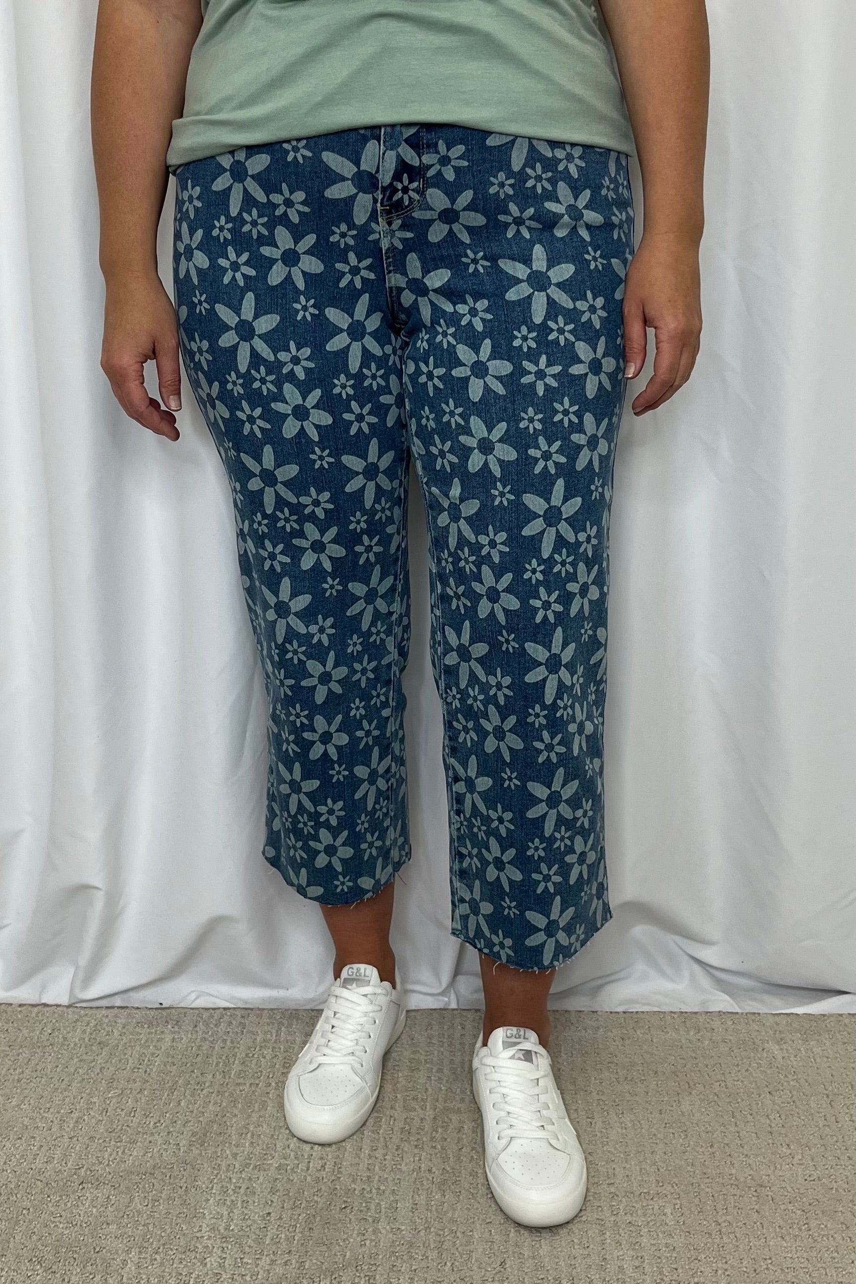 Judy Blue "Aster" Flower Print High Rise Crop Wide Leg - Mid Wash