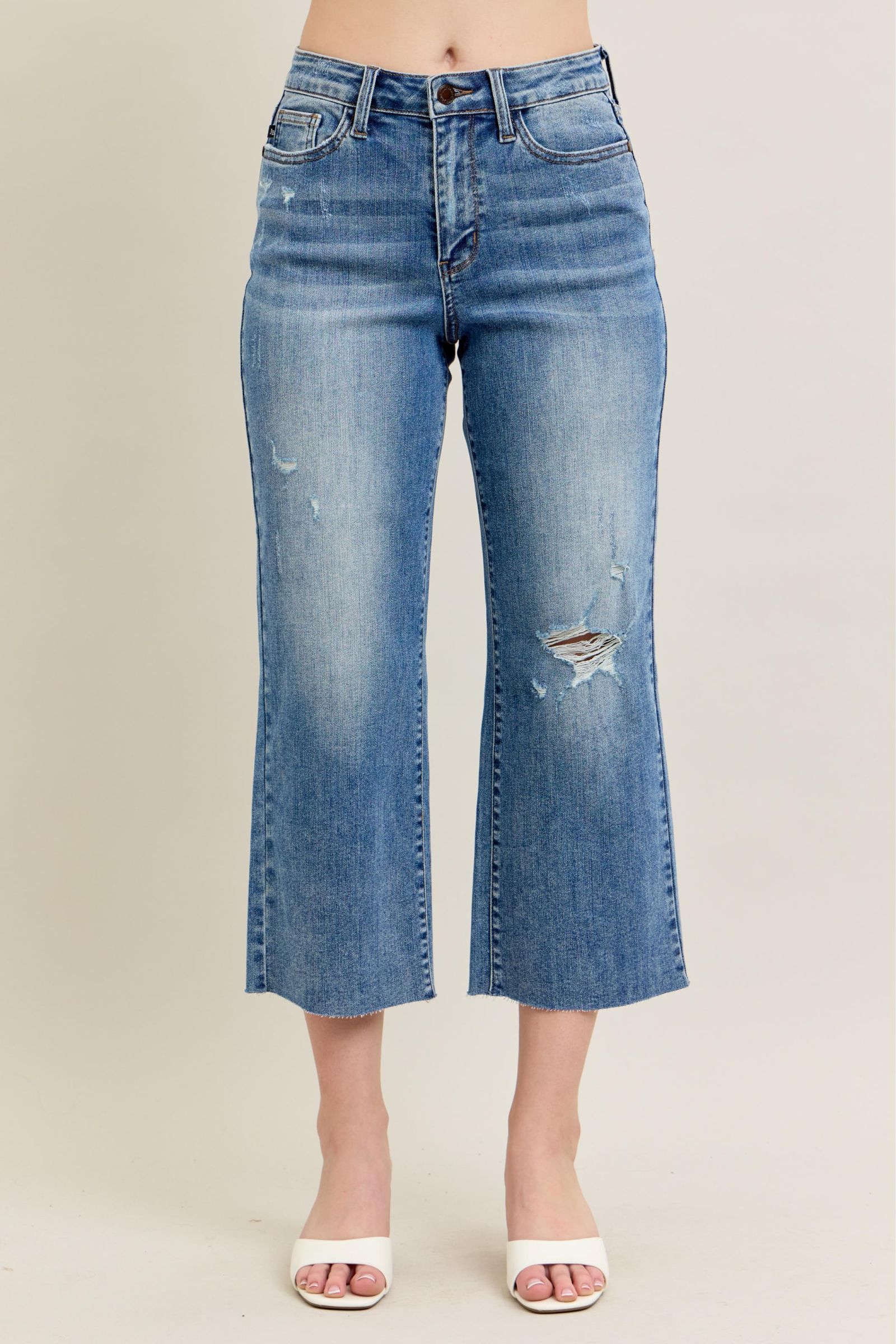 Judy Blue "Elton" High Rise Distressed Wide Leg Crop Denim - Mid Wash