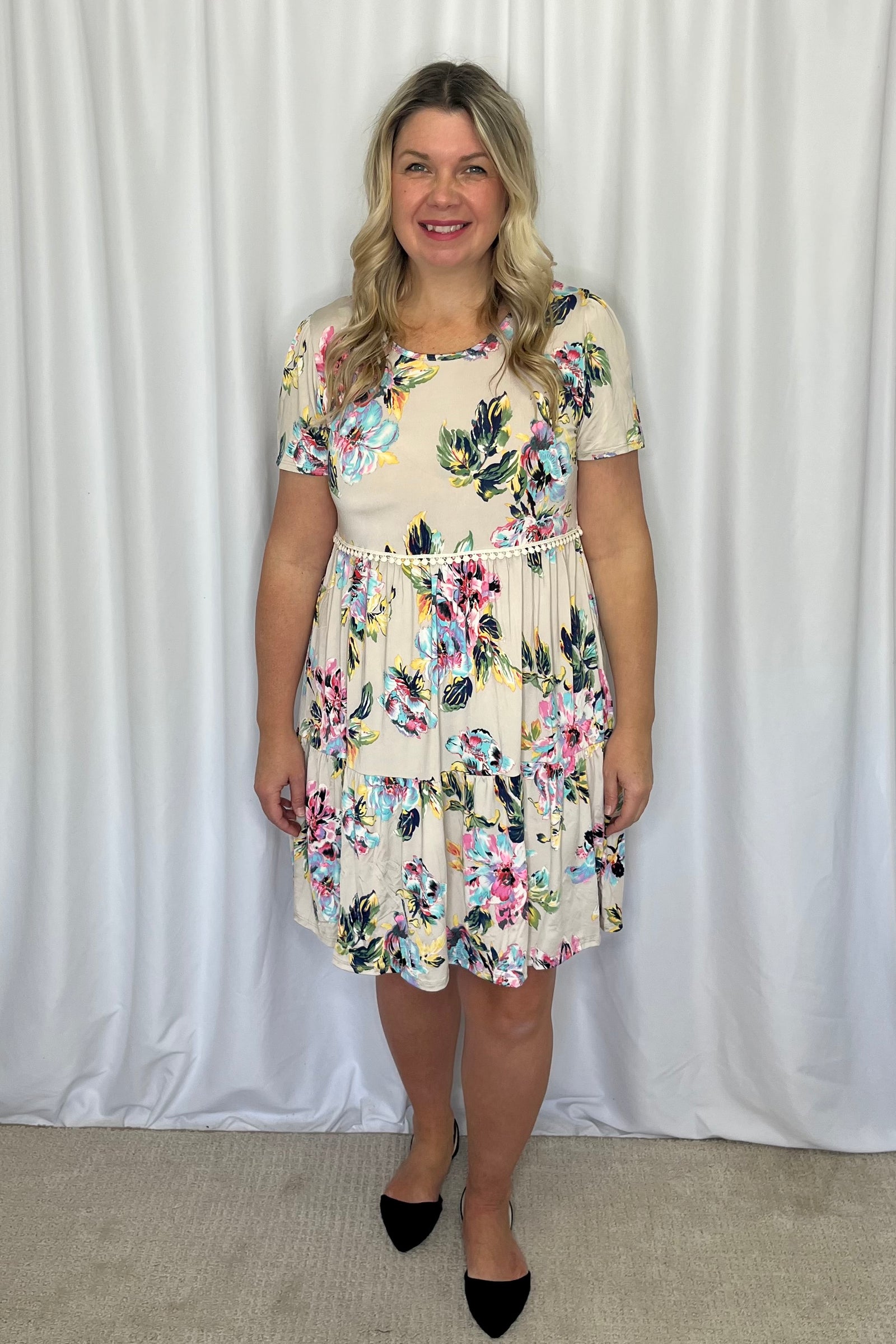 Avalise Tiered Floral Pom Lace Dress