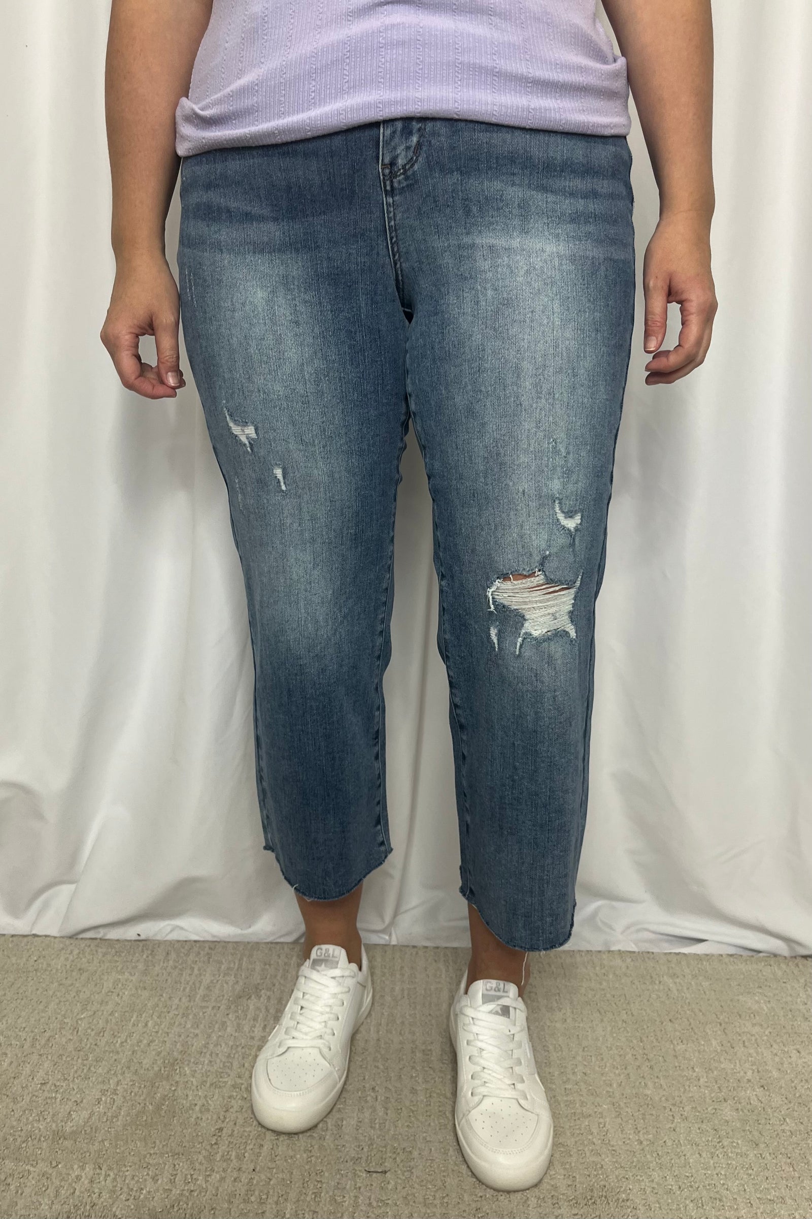 Judy Blue "Elton" High Rise Distressed Wide Leg Crop Denim - Mid Wash