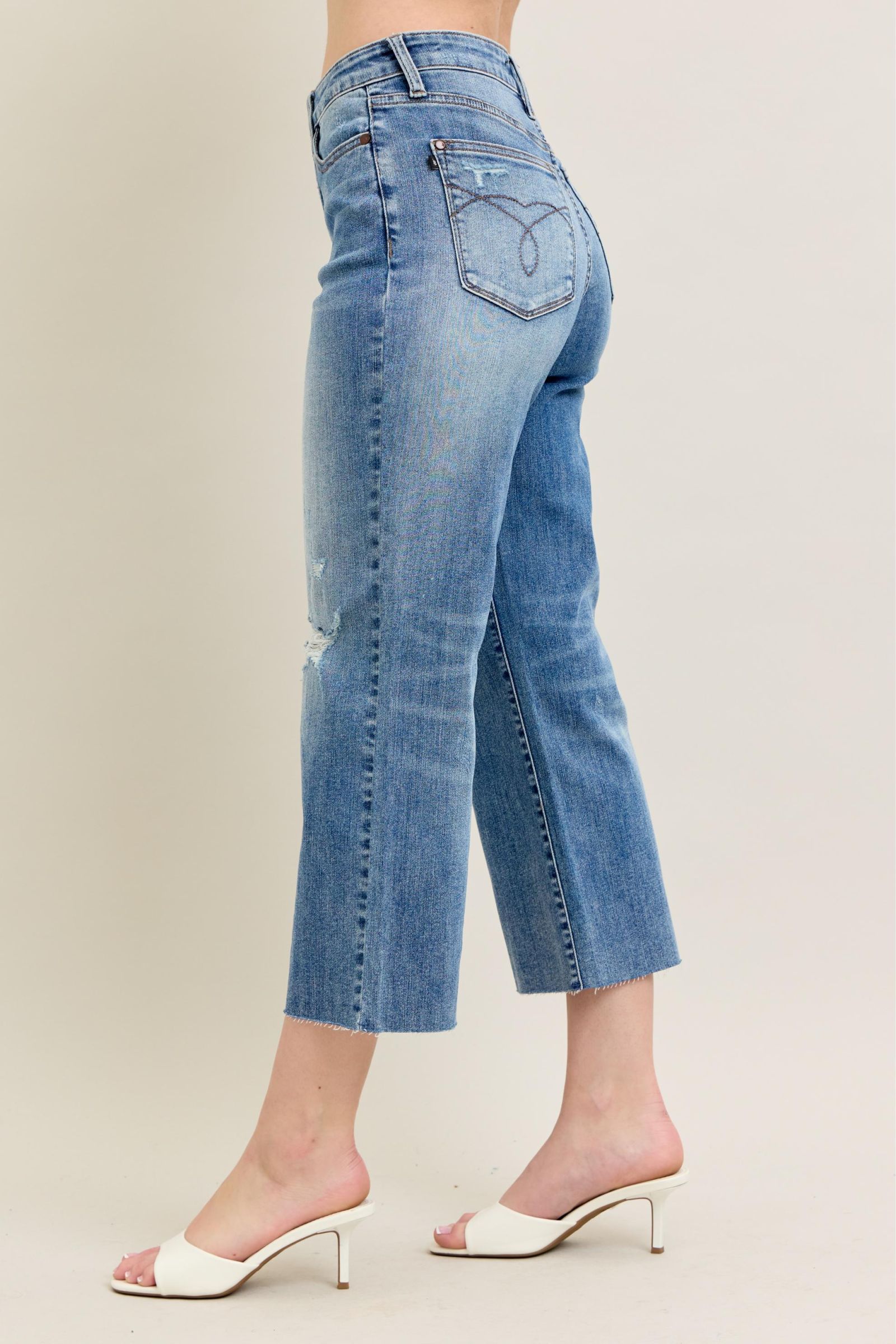 Judy Blue &quot;Elton&quot; High Rise Distressed Wide Leg Crop Denim - Mid Wash