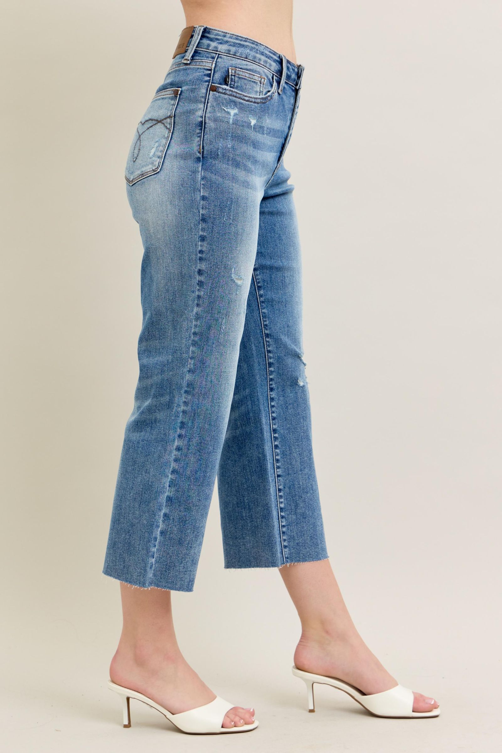 Judy Blue &quot;Elton&quot; High Rise Distressed Wide Leg Crop Denim - Mid Wash