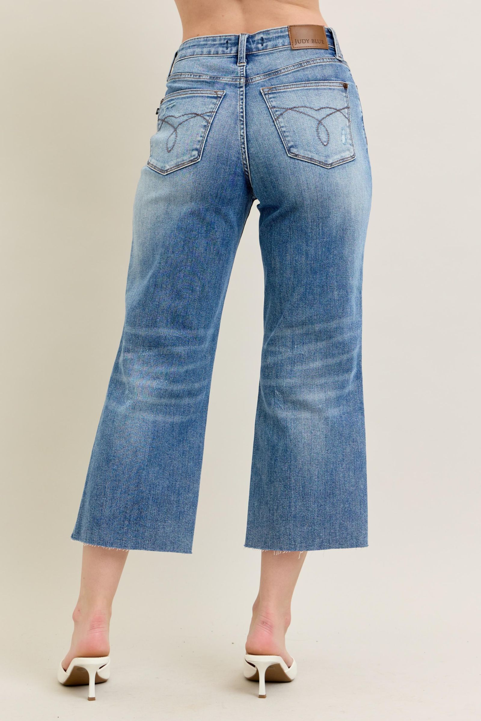 Judy Blue &quot;Elton&quot; High Rise Distressed Wide Leg Crop Denim - Mid Wash