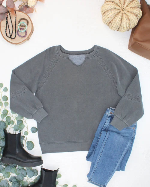 ***PRE-ORDER*** Michelle Mae Lace Accent Vintage Wash Pullover - Black