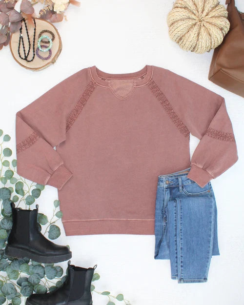 ***PRE-ORDER*** Michelle Mae Lace Accent Vintage Wash Pullover - Brown