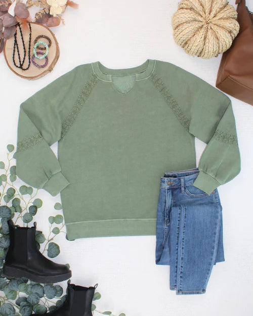 ***PRE-ORDER*** Michelle Mae Lace Accent Vintage Wash Pullover - Olive