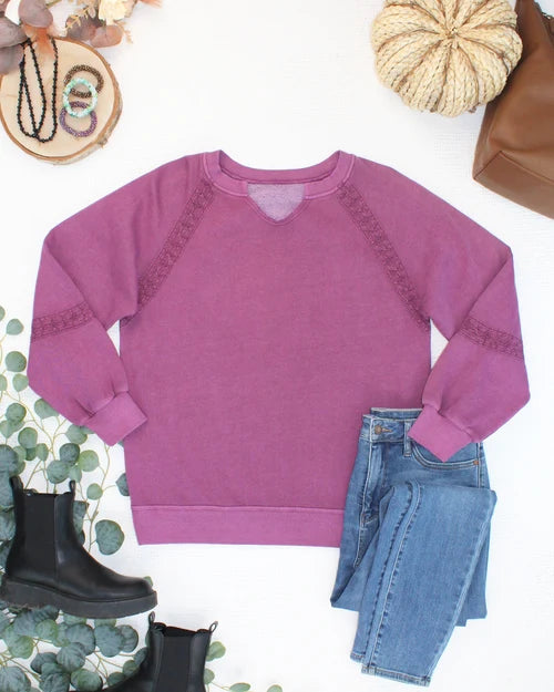 ***PRE-ORDER*** Michelle Mae Lace Accent Vintage Wash Pullover - Purple