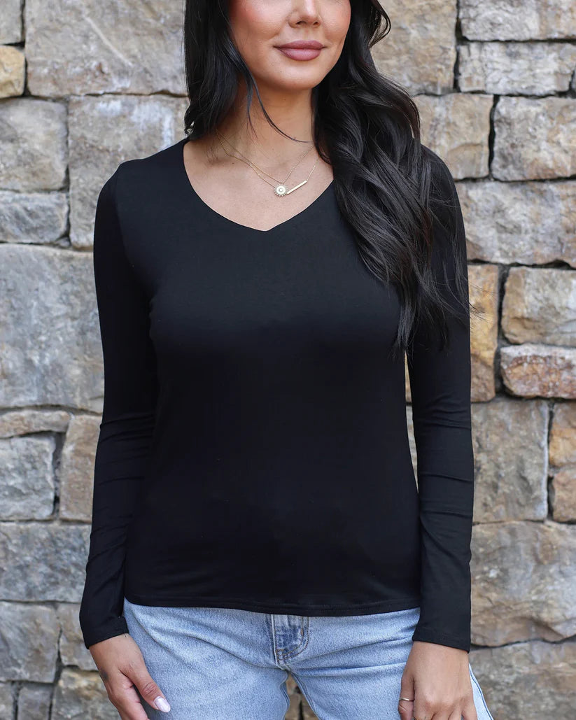 Grace and Lace Modal V-Neck Long Sleeve Tee - Black