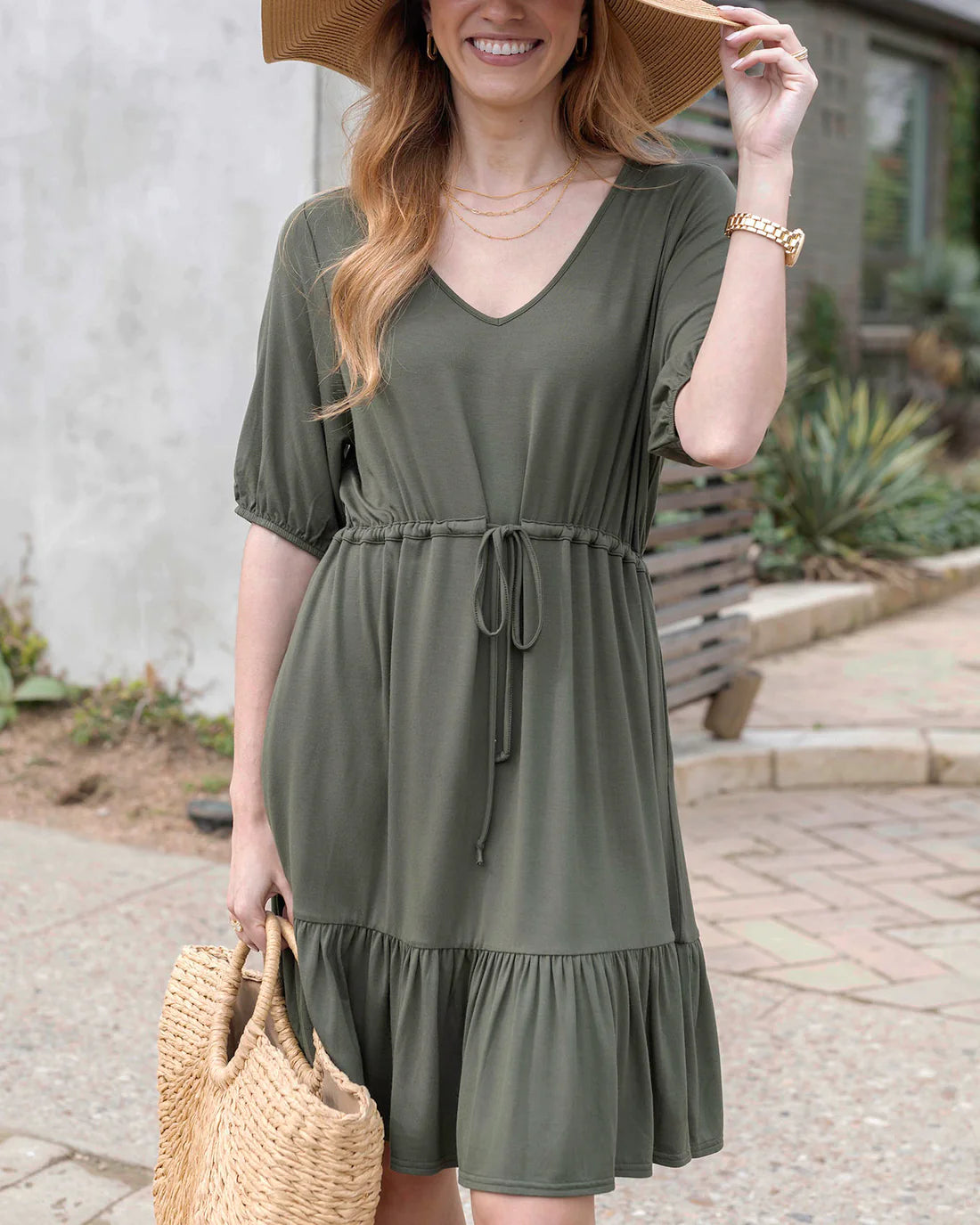 Modal Waist Tie Dress - Olive