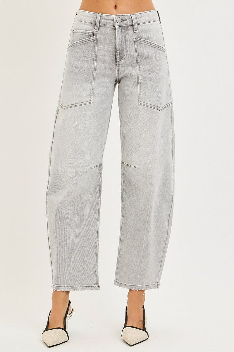 Risen "Drew" Barrel Jeans with Patch Pockets - Grey