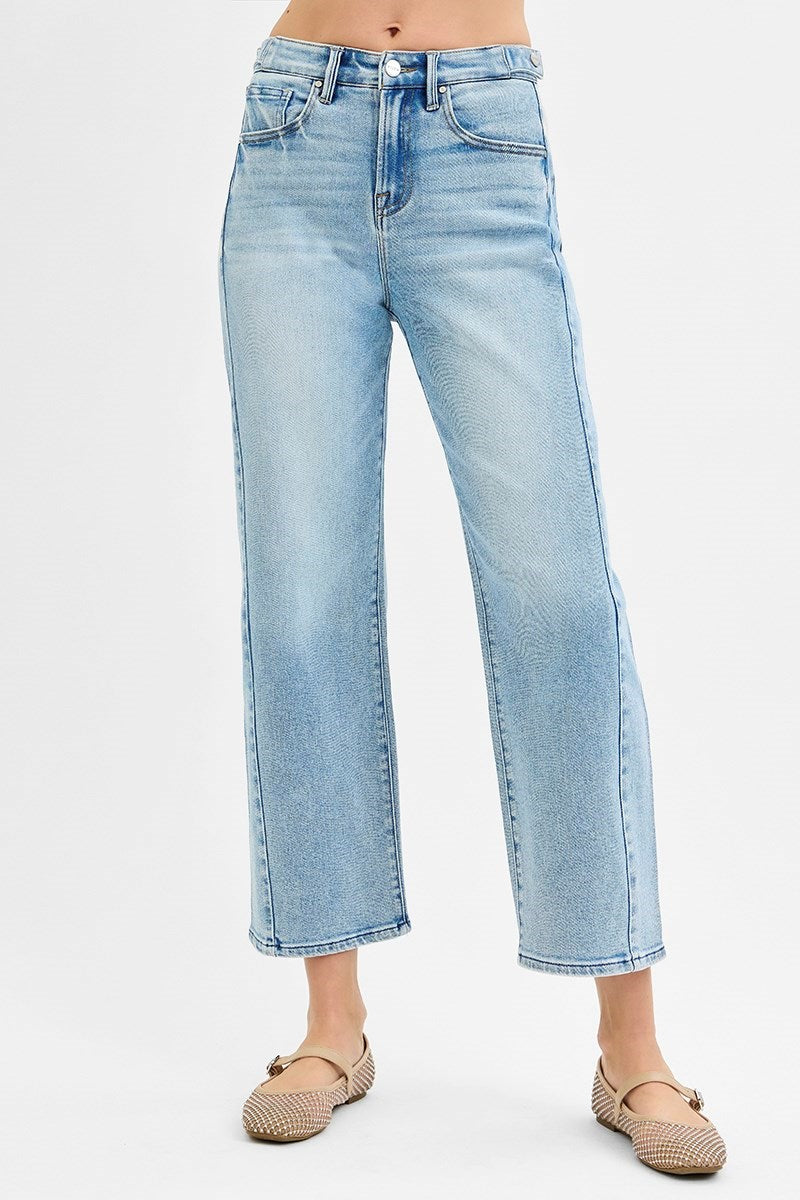 Risen "Cooper" Crop Length Gentle Barrel Jeans with Adjustable Waist - Light Wash