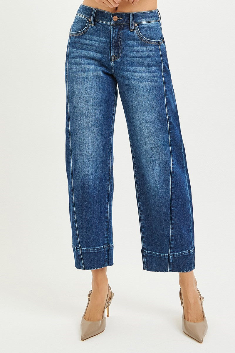 Risen "Denny" Cropped Barrel Elastic Waist Denim - Dark Wash