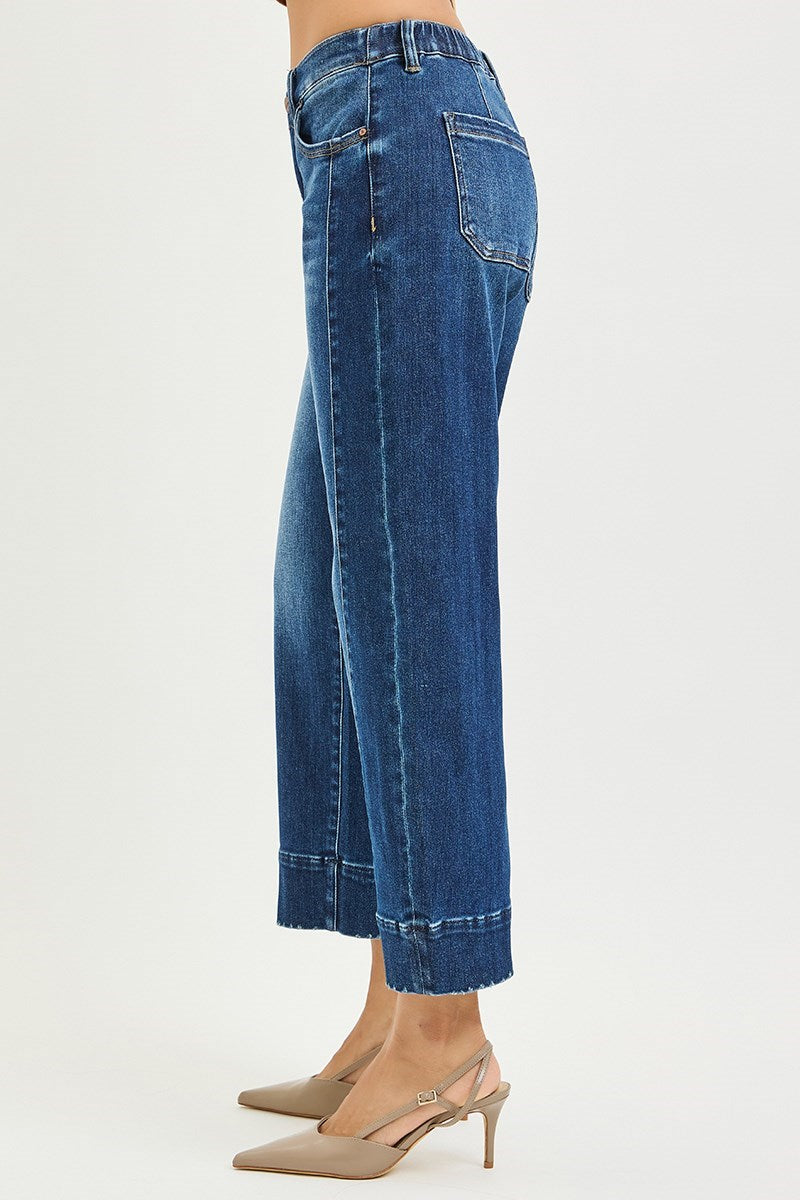 Risen "Denny" Cropped Barrel Elastic Waist Denim - Dark Wash