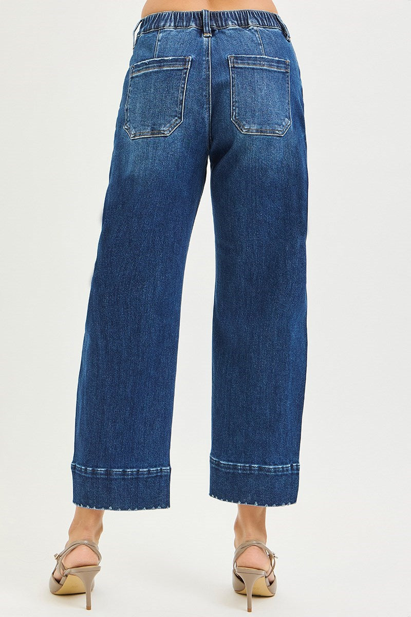 Risen "Denny" Cropped Barrel Elastic Waist Denim - Dark Wash