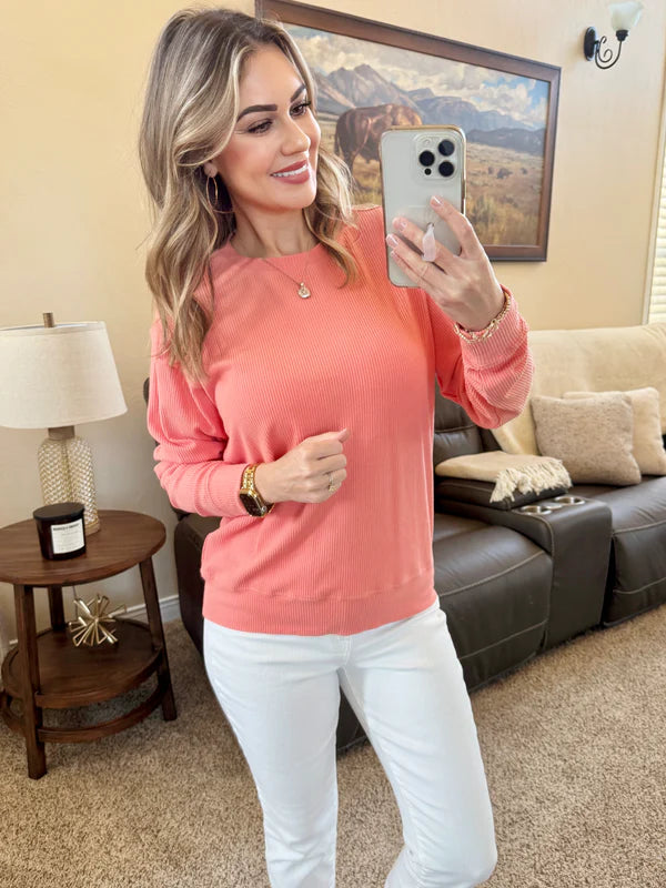***PRE-ORDER*** Michelle Mae Corrine Ribbed Pullover Top - Coral