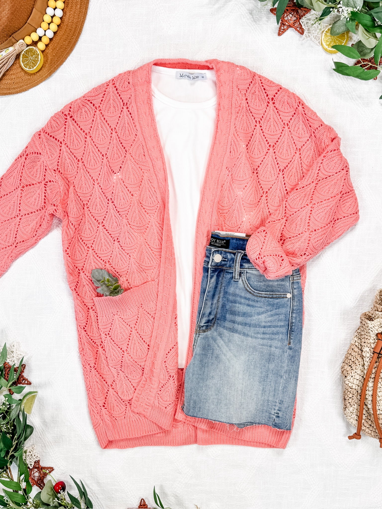 Michelle Mae Open Knit Cardigan - Coral