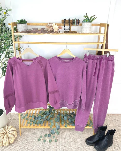 ***PRE-ORDER*** Michelle Mae Lace Accent Vintage Wash Pullover - Purple