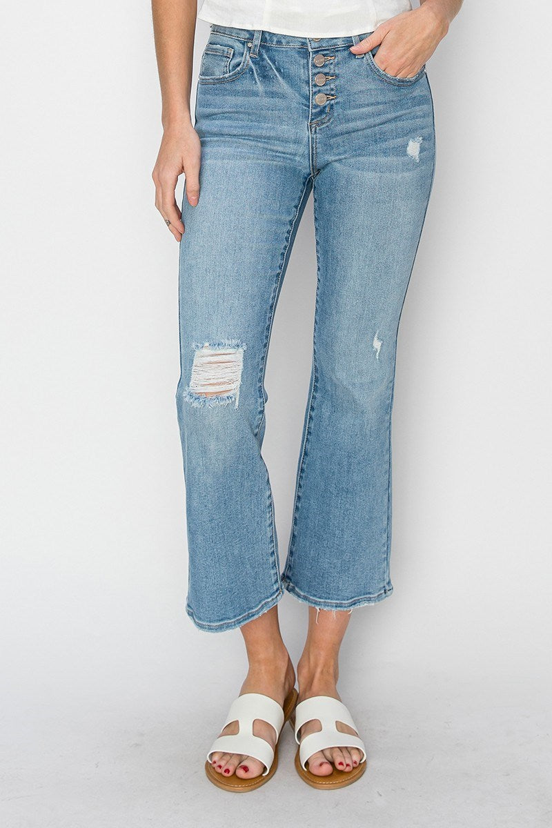 Risen "Lainey" Mid Rise Button Fly Cropped Flare Denim - Light Wash