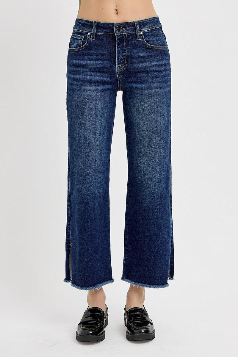 Risen "Clancy" Mid Rise Crop Side Slit Jeans - Dark Wash