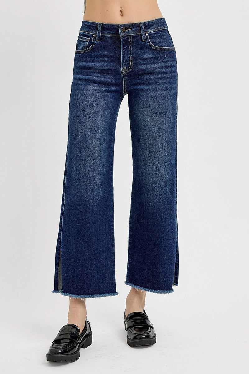 Risen "Clancy" Mid Rise Crop Side Slit Jeans - Dark Wash