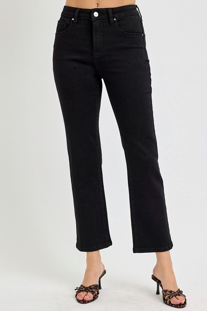 Risen "Britton" Tummy Control High Rise Crop Straight Denim - Jet Black
