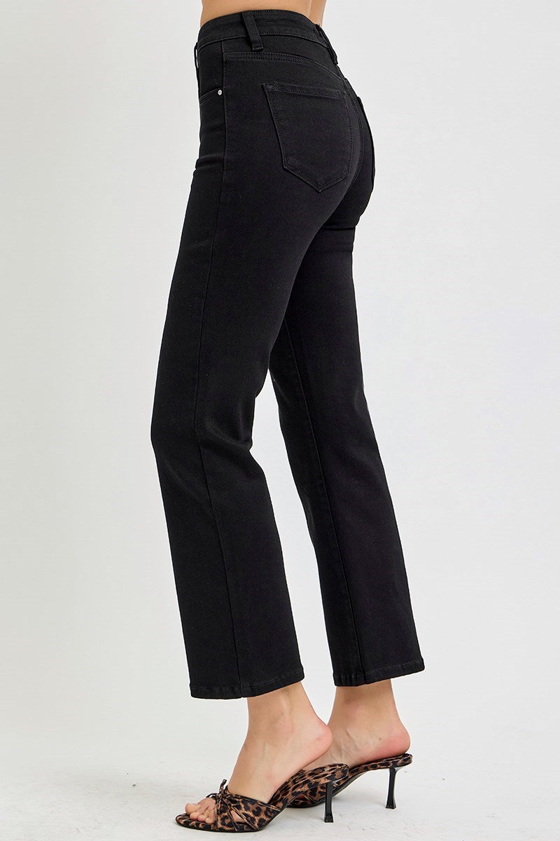 Risen "Britton" Tummy Control High Rise Crop Straight Denim - Jet Black