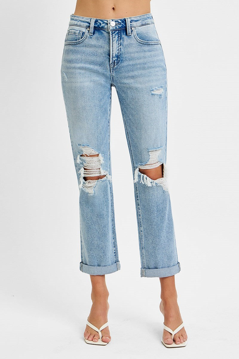 Risen &quot;Ronnie&quot; High Rise, Distressed, Tummy Control, Ankle Straight Denim - Light Wash