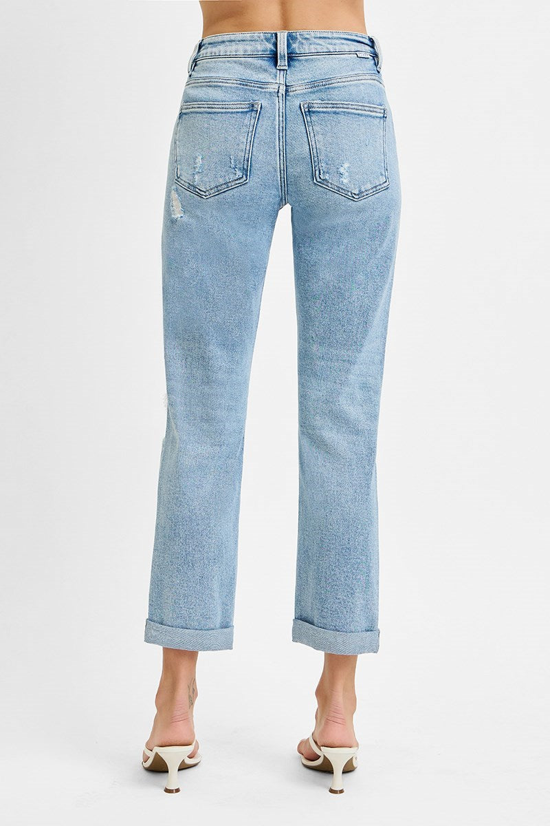 Risen "Ronnie" High Rise, Distressed, Tummy Control, Ankle Straight Denim - Light Wash