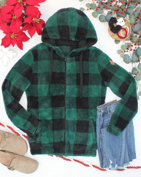 ***PRE-ORDER*** Michelle Mae Sherpa Fullzip Hoodie - Evergreen Plaid
