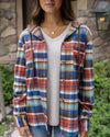 ***PRE-SALE*** Grace and Lace Stretch Flex Hooded Shacket - Denim/Rust Plaid