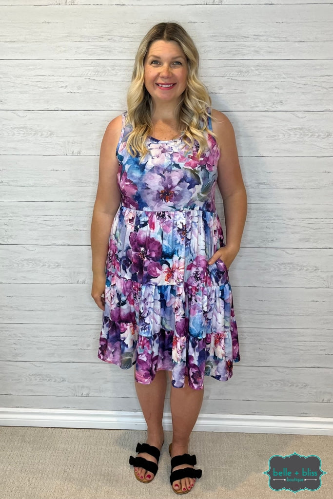 Alena Tiered Dress With Pockets - Purple Floral Dresses & Skirts