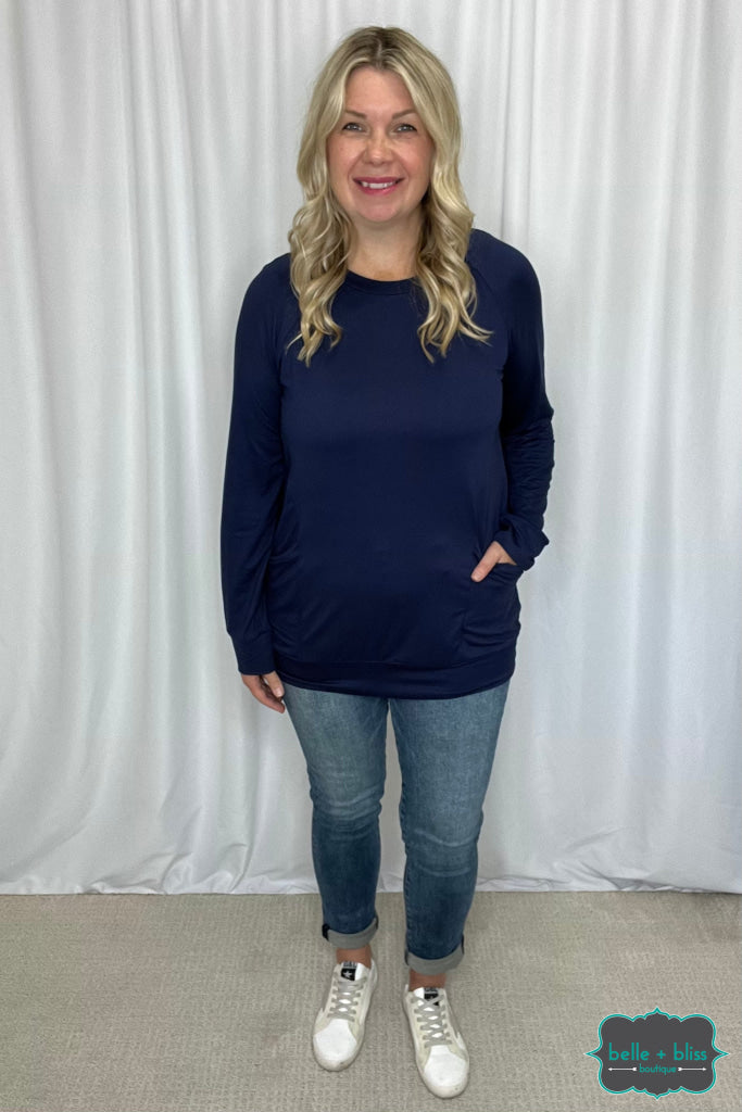 Amber Long Sleeve Top With Pockets - Navy Tops & Sweaters